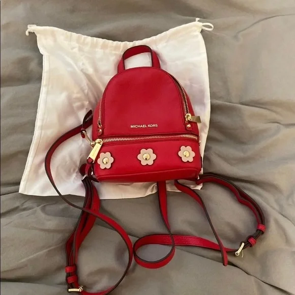 Michael Kors Rhea Mini Floral Appliqué Leather Backpack Red Michael Kors Red Grained Leather Mini Rhea Backpack | eBay main image 4
